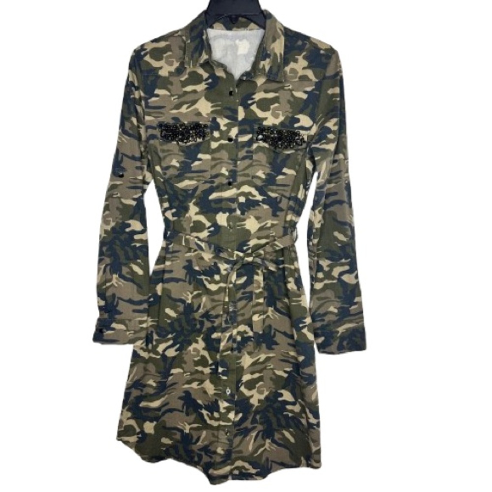 Women’s Camouflage Printed Button Down Shirt Dress Long Sleeves Size S